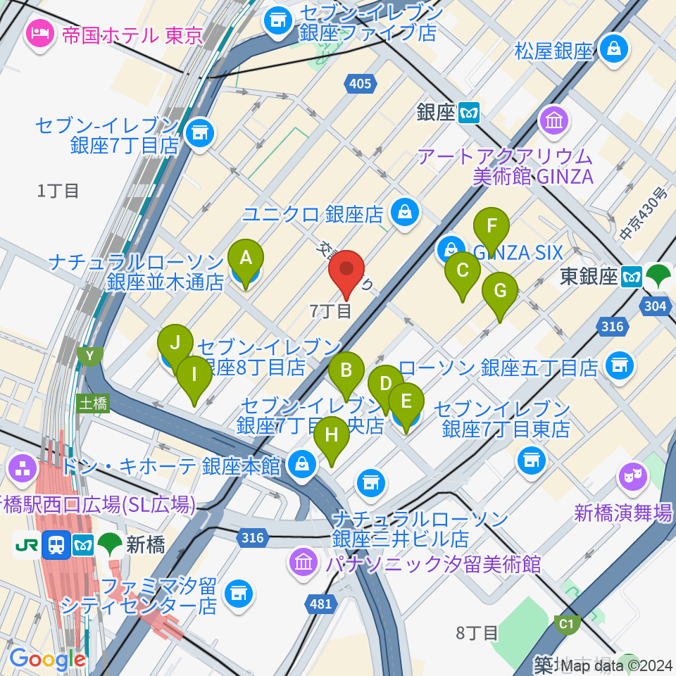 銀座ロッキートップ周辺のコンビニエンスストア一覧地図