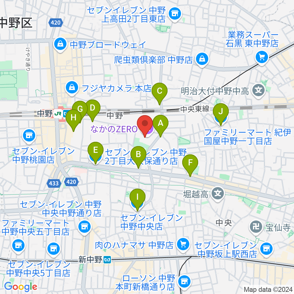 なかのZERO周辺のコンビニエンスストア一覧地図