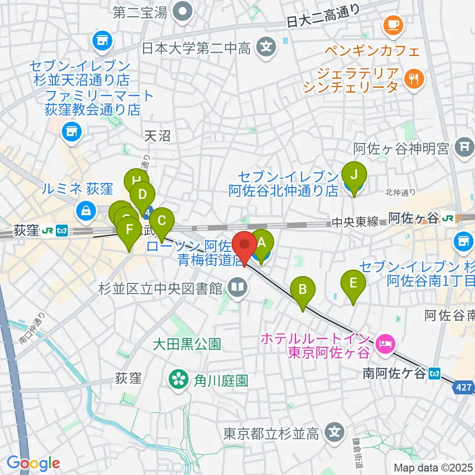 荻窪ベルベットサン周辺のコンビニエンスストア一覧地図