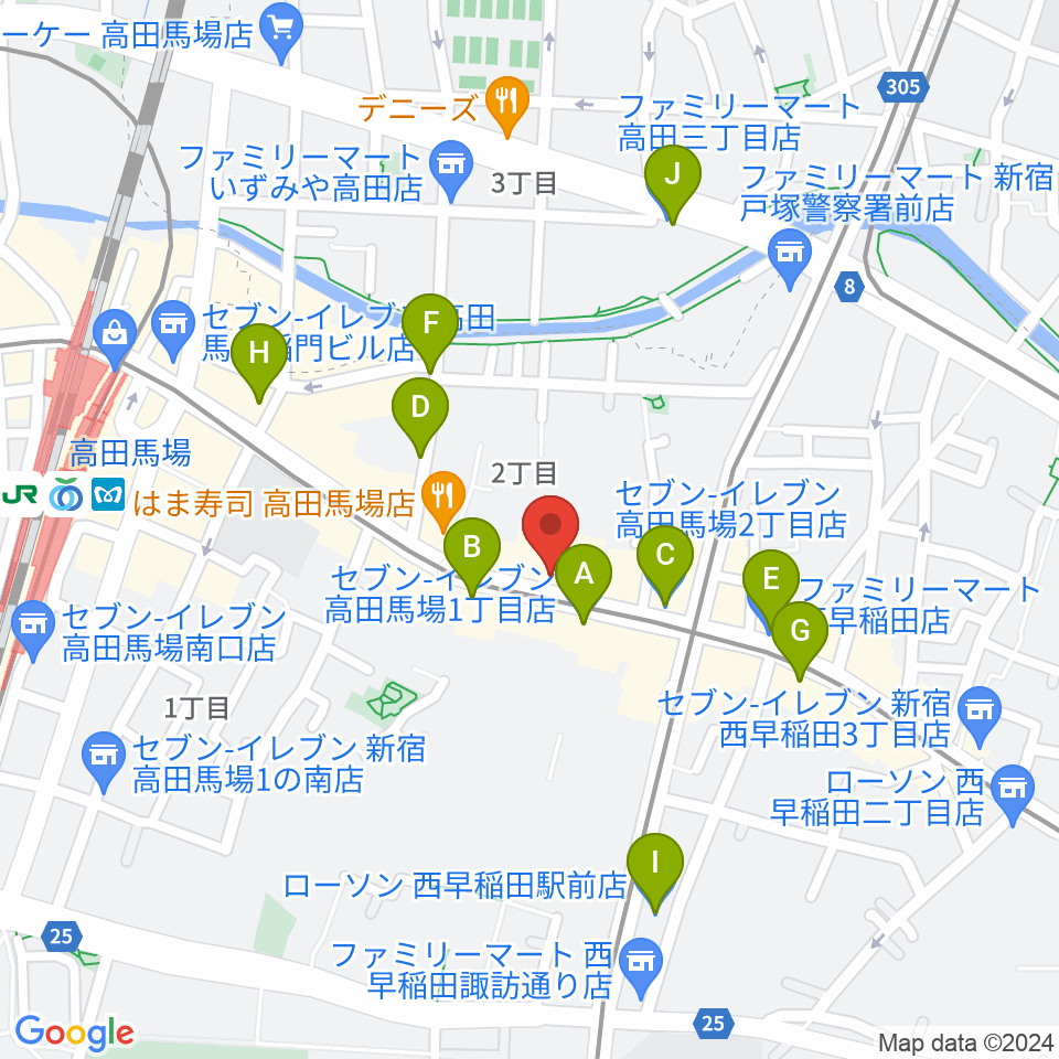 高田馬場ゲートワン周辺のコンビニエンスストア一覧地図
