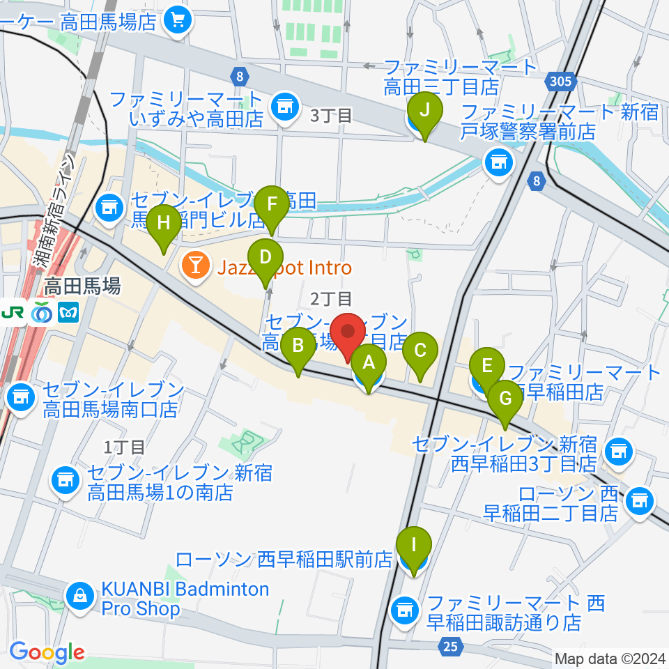 高田馬場ゲートワン周辺のコンビニエンスストア一覧地図