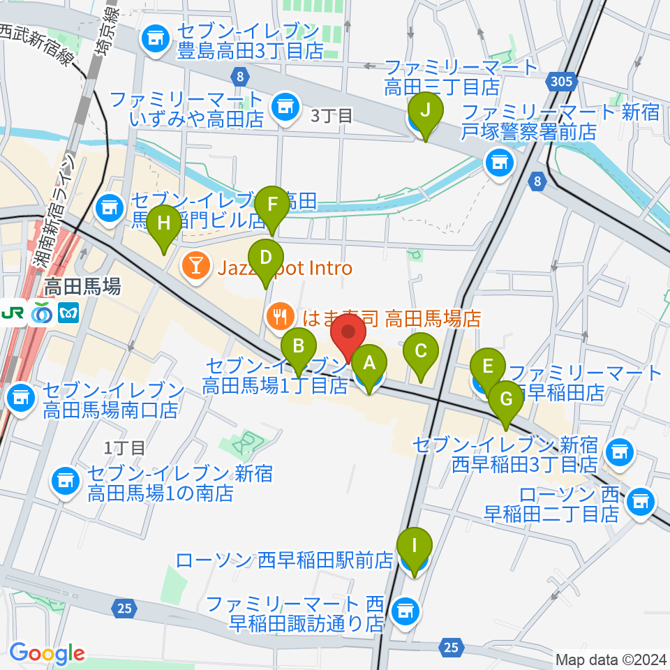 高田馬場ゲートワン周辺のコンビニエンスストア一覧地図