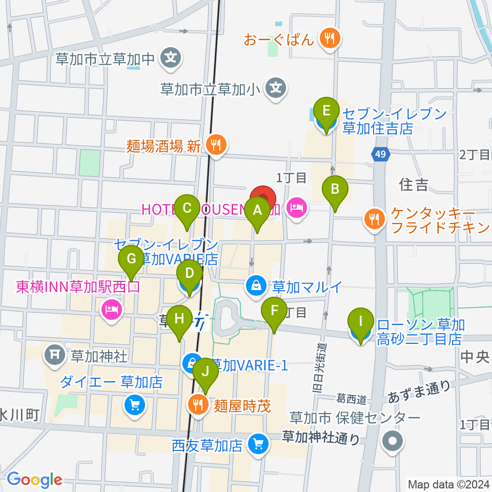 草加シュガーヒル周辺のコンビニエンスストア一覧地図