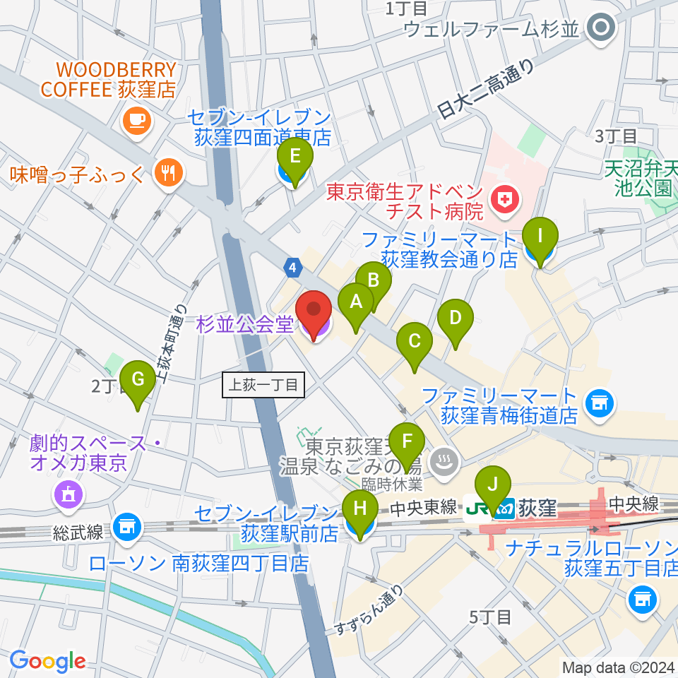 杉並公会堂周辺のコンビニエンスストア一覧地図