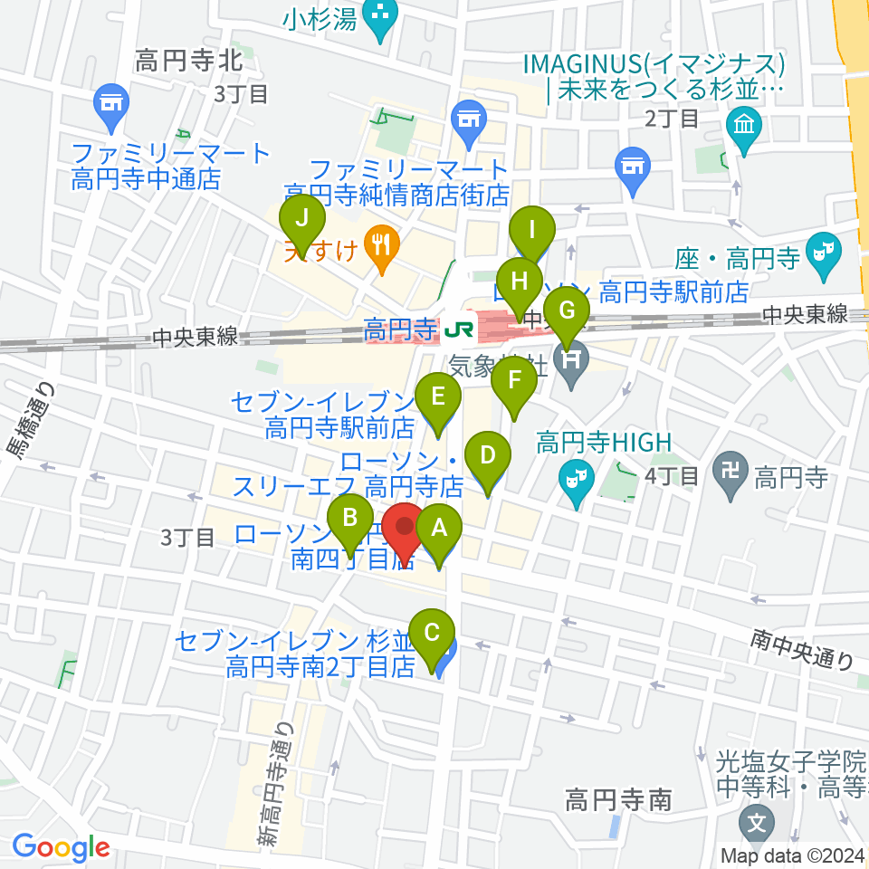 高円寺ALONE周辺のコンビニエンスストア一覧地図