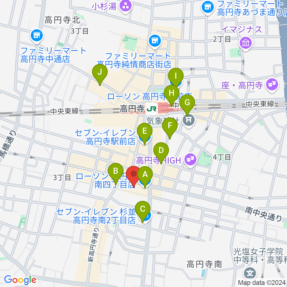 高円寺ALONE周辺のコンビニエンスストア一覧地図