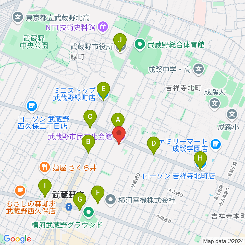 武蔵野市民文化会館周辺のコンビニエンスストア一覧地図