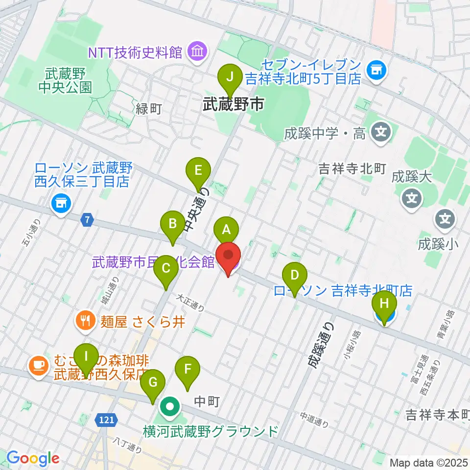 武蔵野市民文化会館周辺のコンビニエンスストア一覧地図