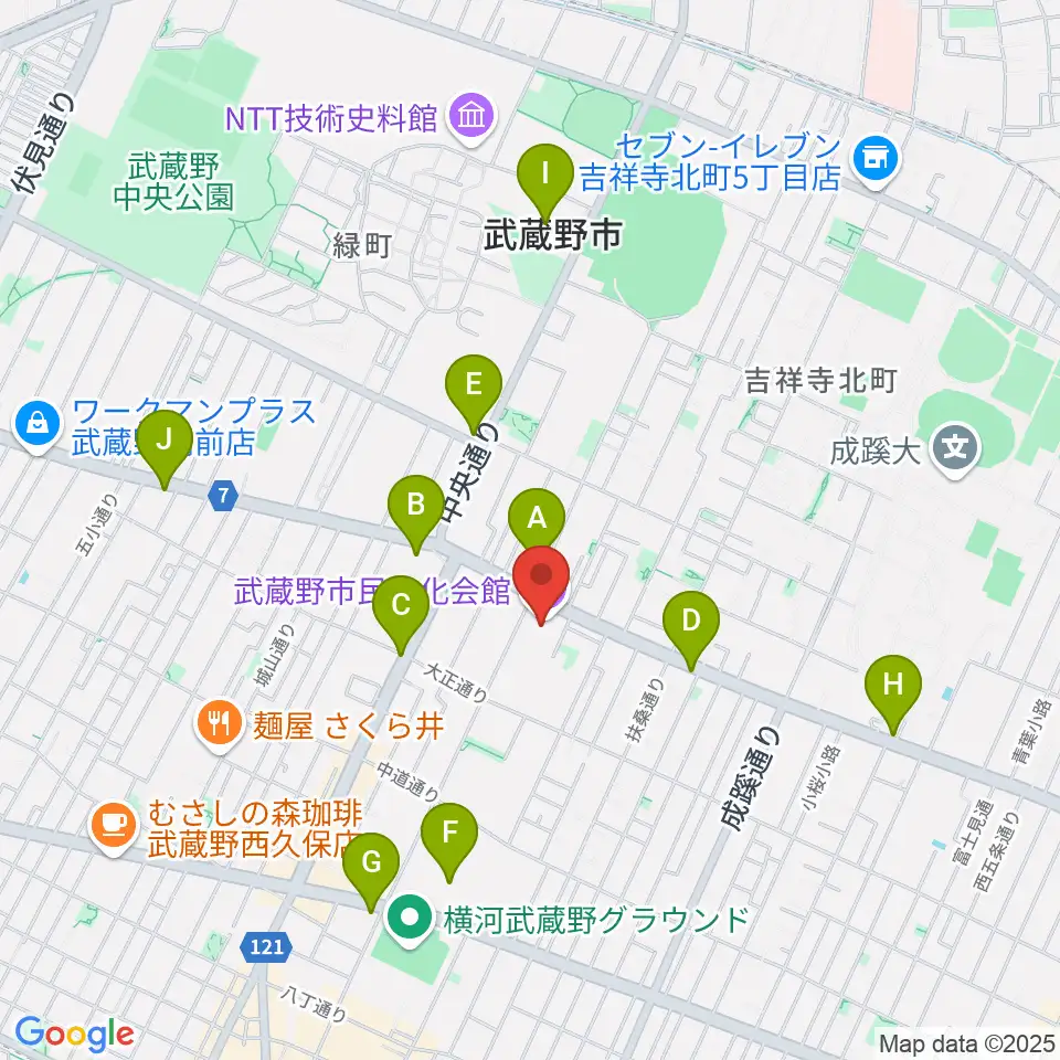 武蔵野市民文化会館周辺のコンビニエンスストア一覧地図