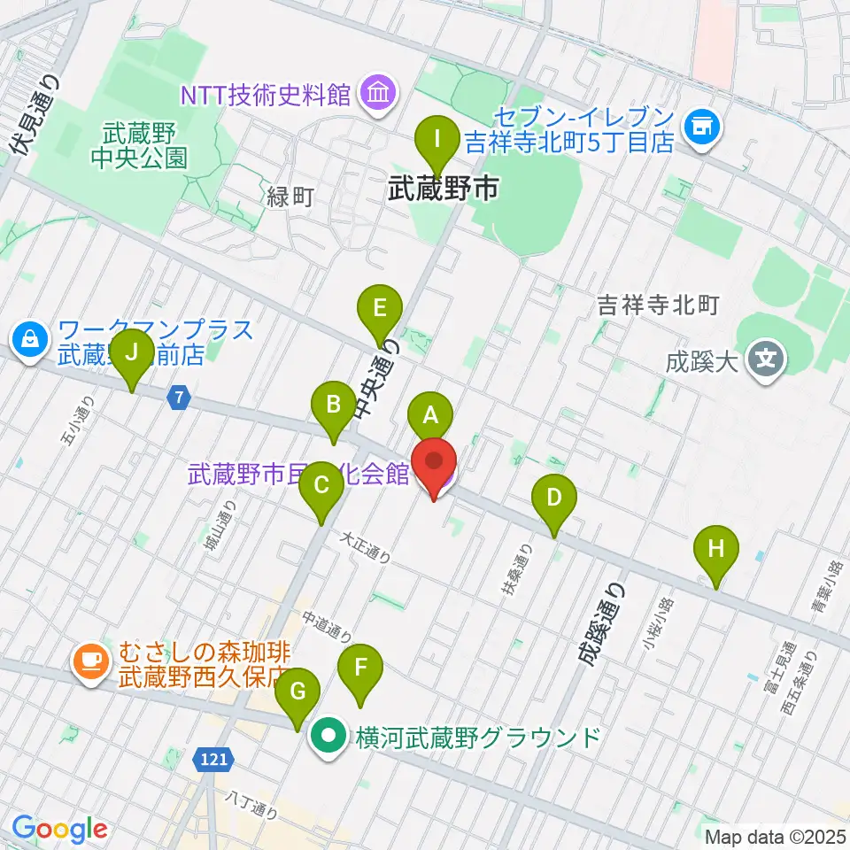 武蔵野市民文化会館周辺のコンビニエンスストア一覧地図