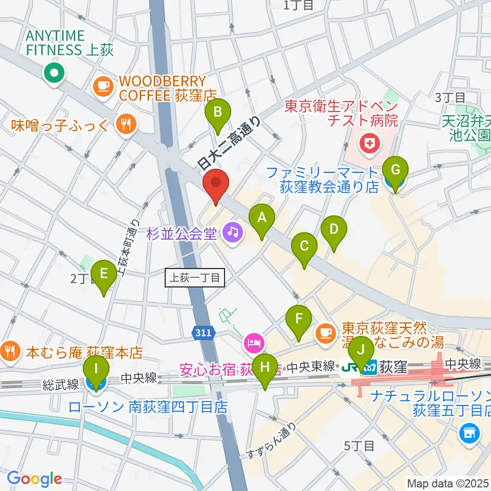 荻窪ルースター周辺のコンビニエンスストア一覧地図