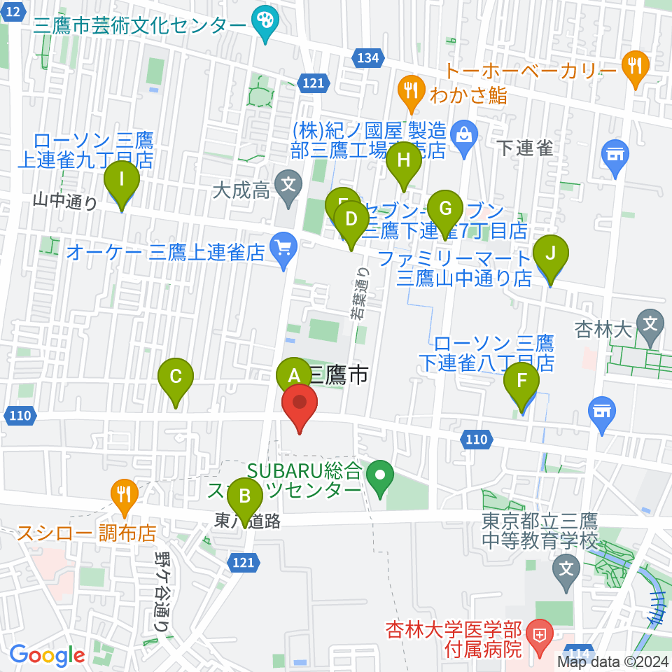 三鷹市公会堂周辺のコンビニエンスストア一覧地図