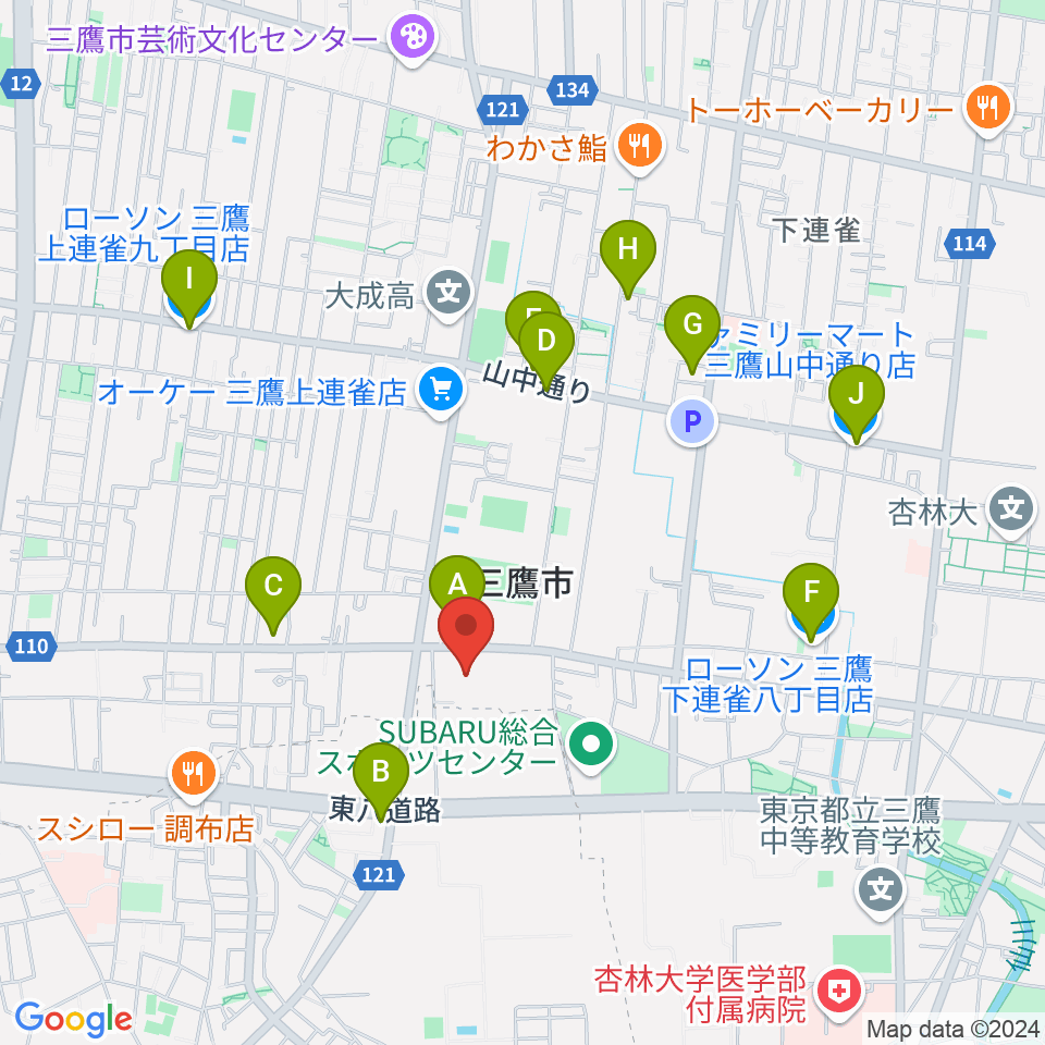 三鷹市公会堂周辺のコンビニエンスストア一覧地図