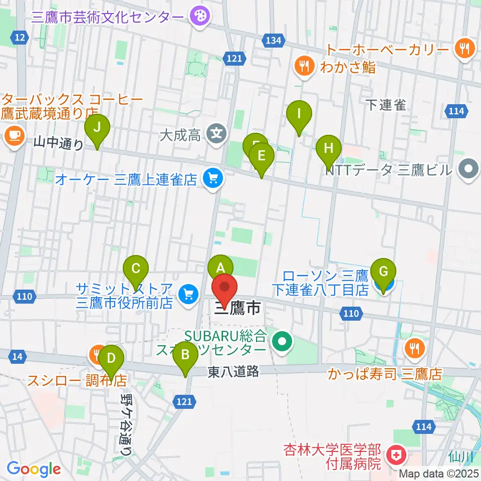 三鷹市公会堂周辺のコンビニエンスストア一覧地図
