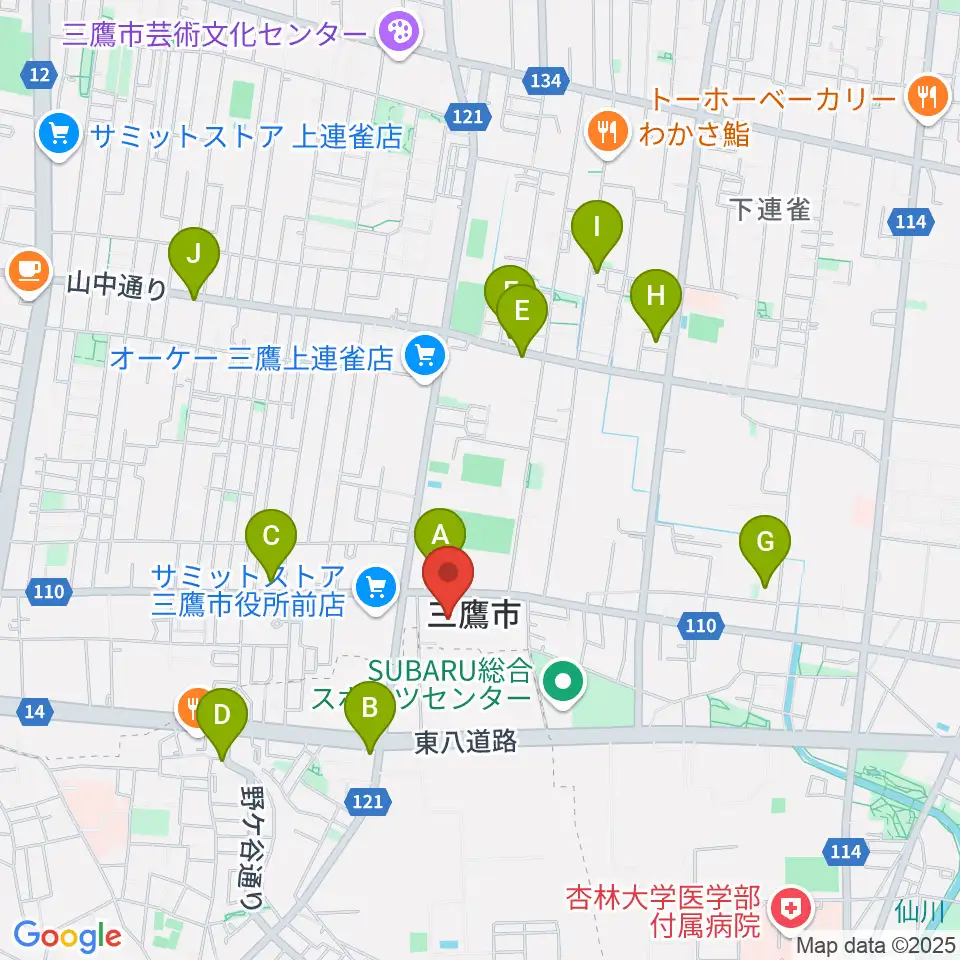 三鷹市公会堂周辺のコンビニエンスストア一覧地図