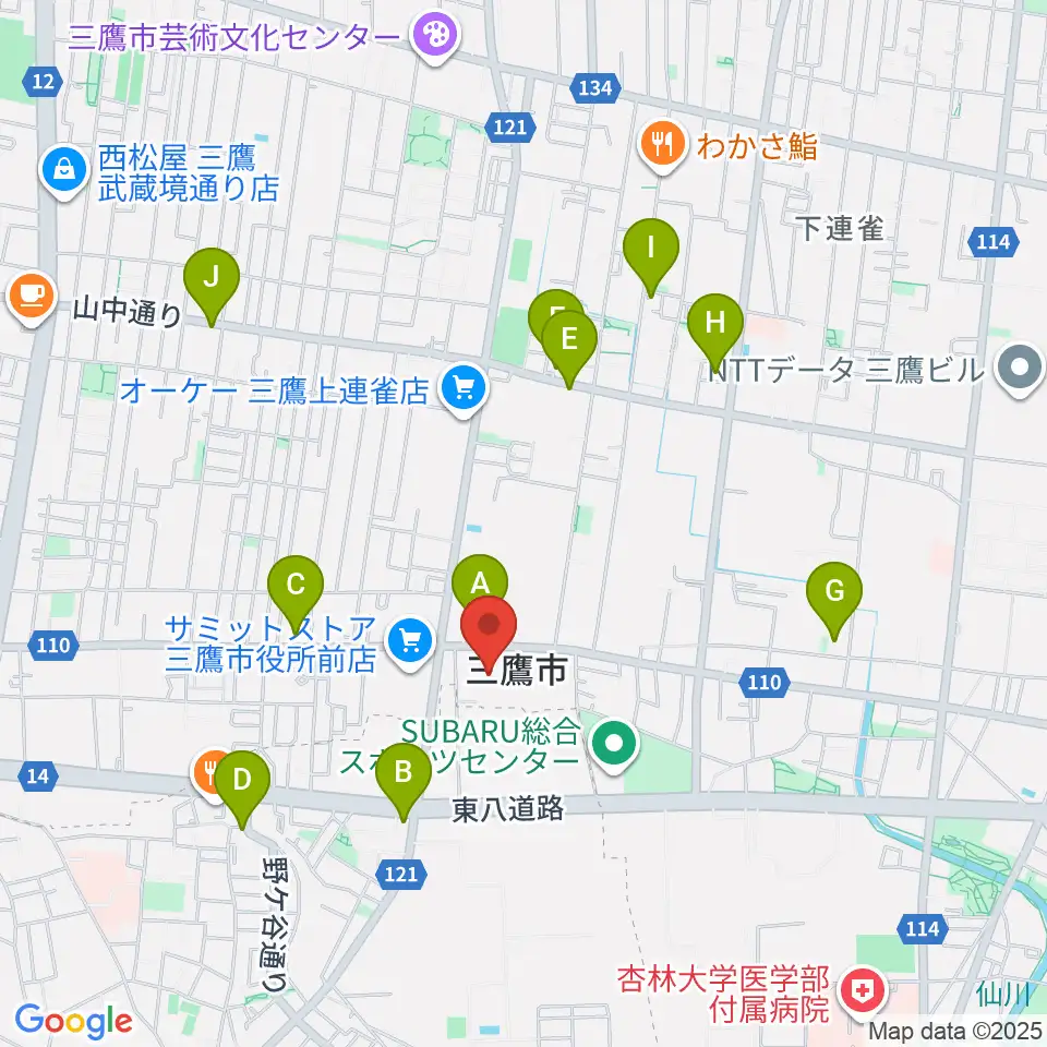 三鷹市公会堂周辺のコンビニエンスストア一覧地図