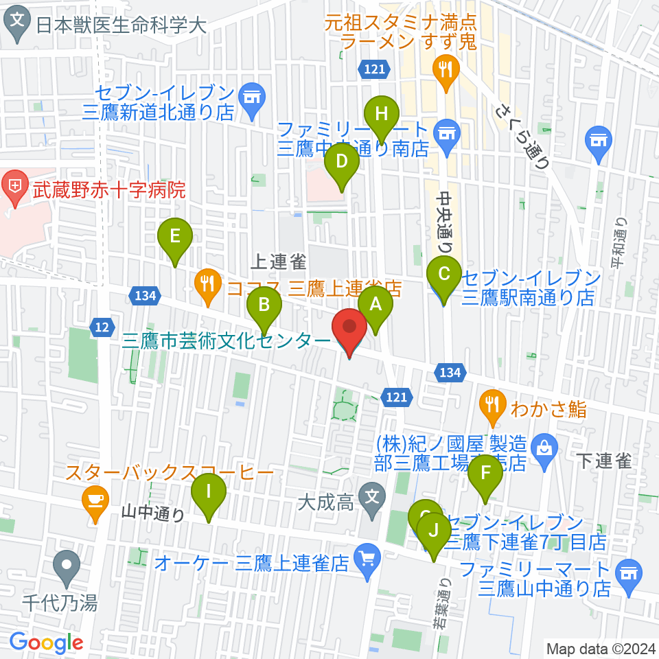 三鷹市芸術文化センター周辺のコンビニエンスストア一覧地図