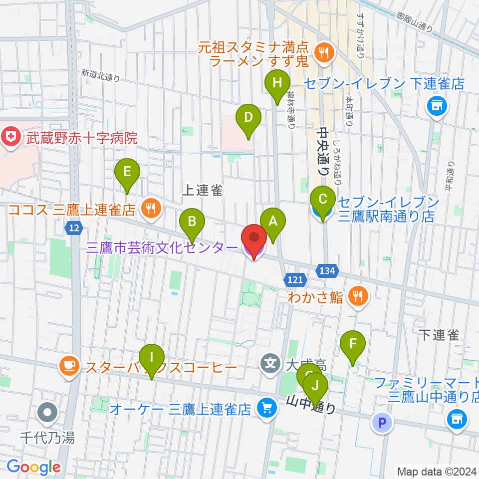 三鷹市芸術文化センター周辺のコンビニエンスストア一覧地図