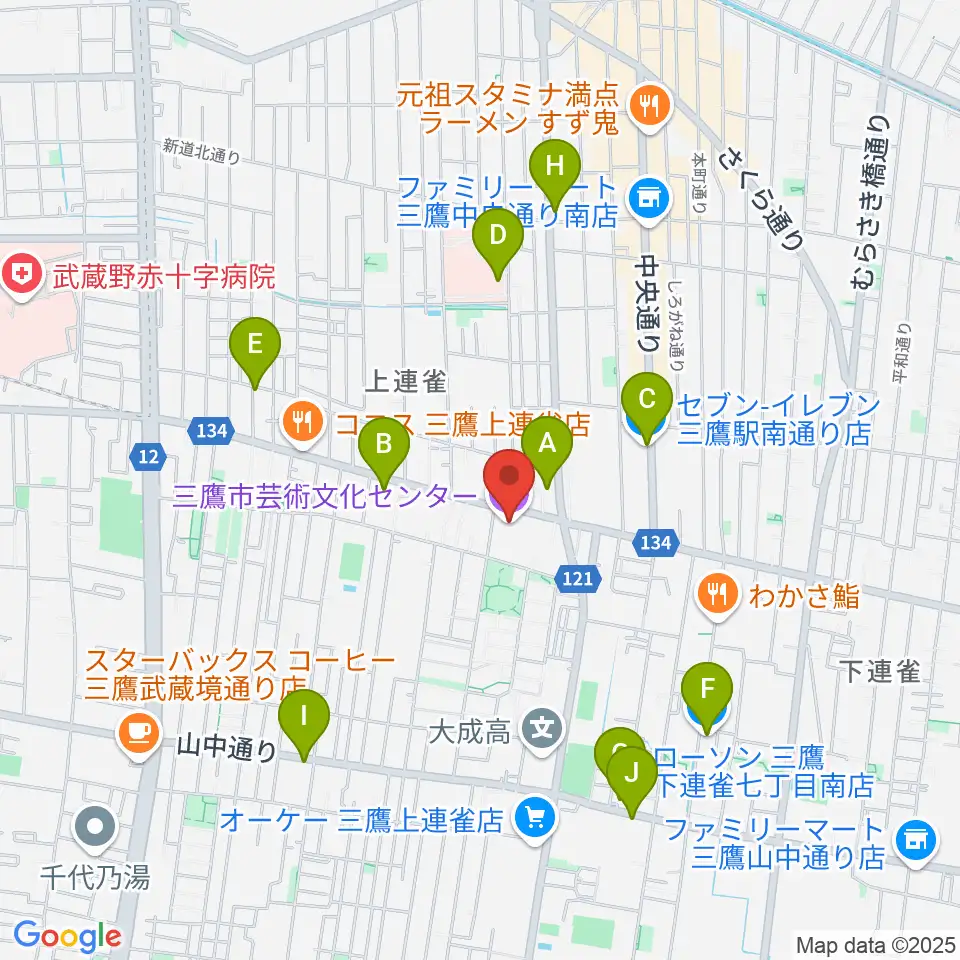 三鷹市芸術文化センター周辺のコンビニエンスストア一覧地図