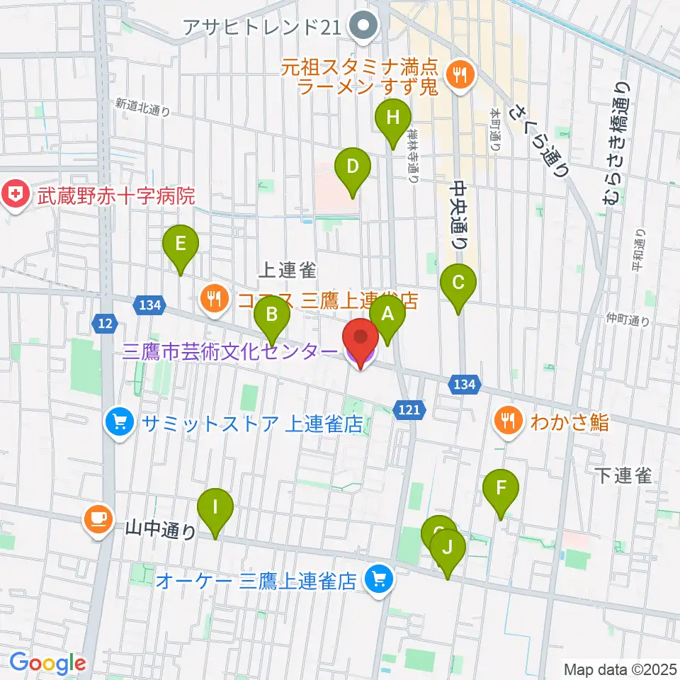 三鷹市芸術文化センター周辺のコンビニエンスストア一覧地図