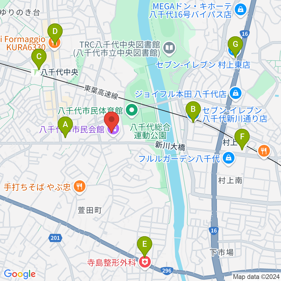 八千代市市民会館周辺のコンビニエンスストア一覧地図