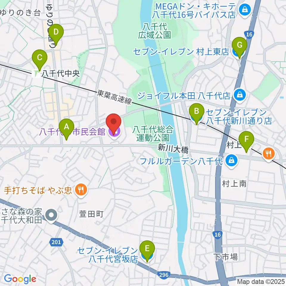 八千代市市民会館周辺のコンビニエンスストア一覧地図