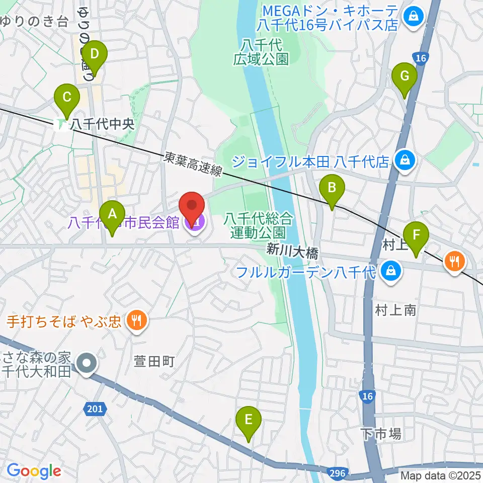 八千代市市民会館周辺のコンビニエンスストア一覧地図