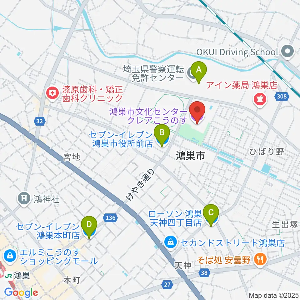 鴻巣市文化センター クレアこうのす周辺のコンビニエンスストア一覧地図