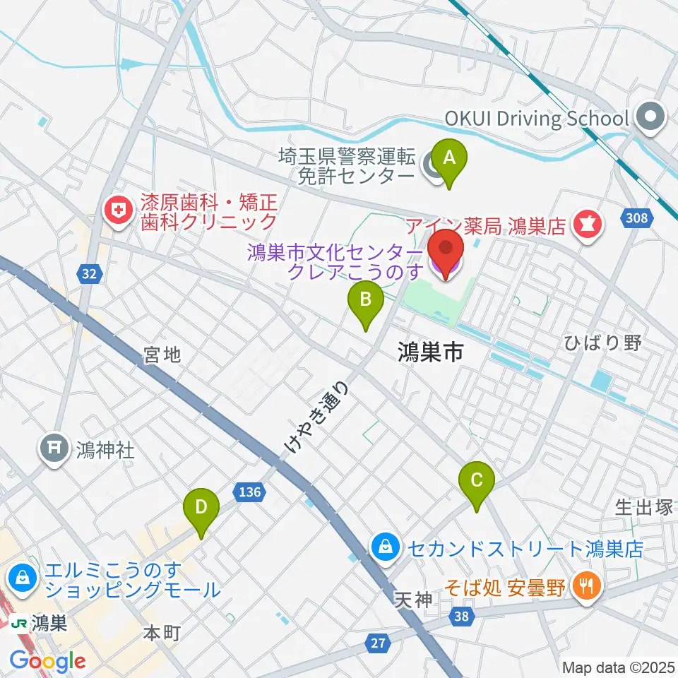 鴻巣市文化センター クレアこうのす周辺のコンビニエンスストア一覧地図