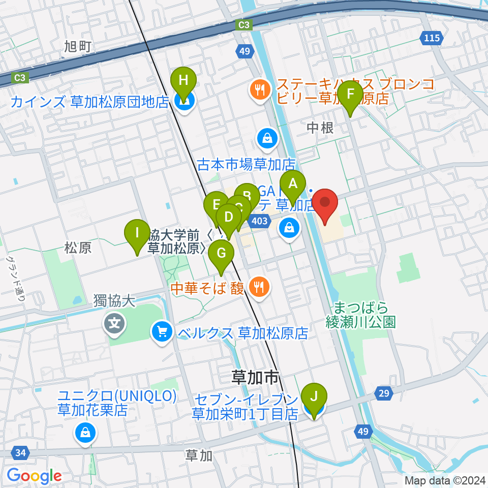 草加市文化会館周辺のコンビニエンスストア一覧地図