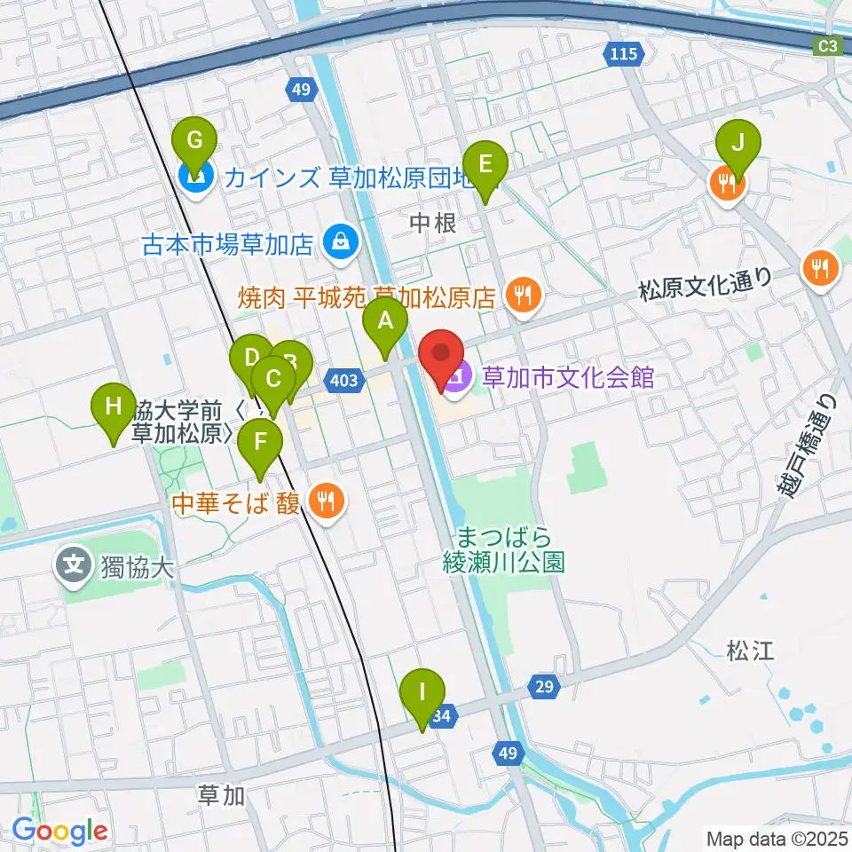 草加市文化会館周辺のコンビニエンスストア一覧地図