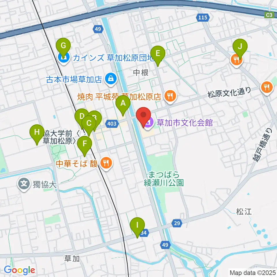 草加市文化会館周辺のコンビニエンスストア一覧地図