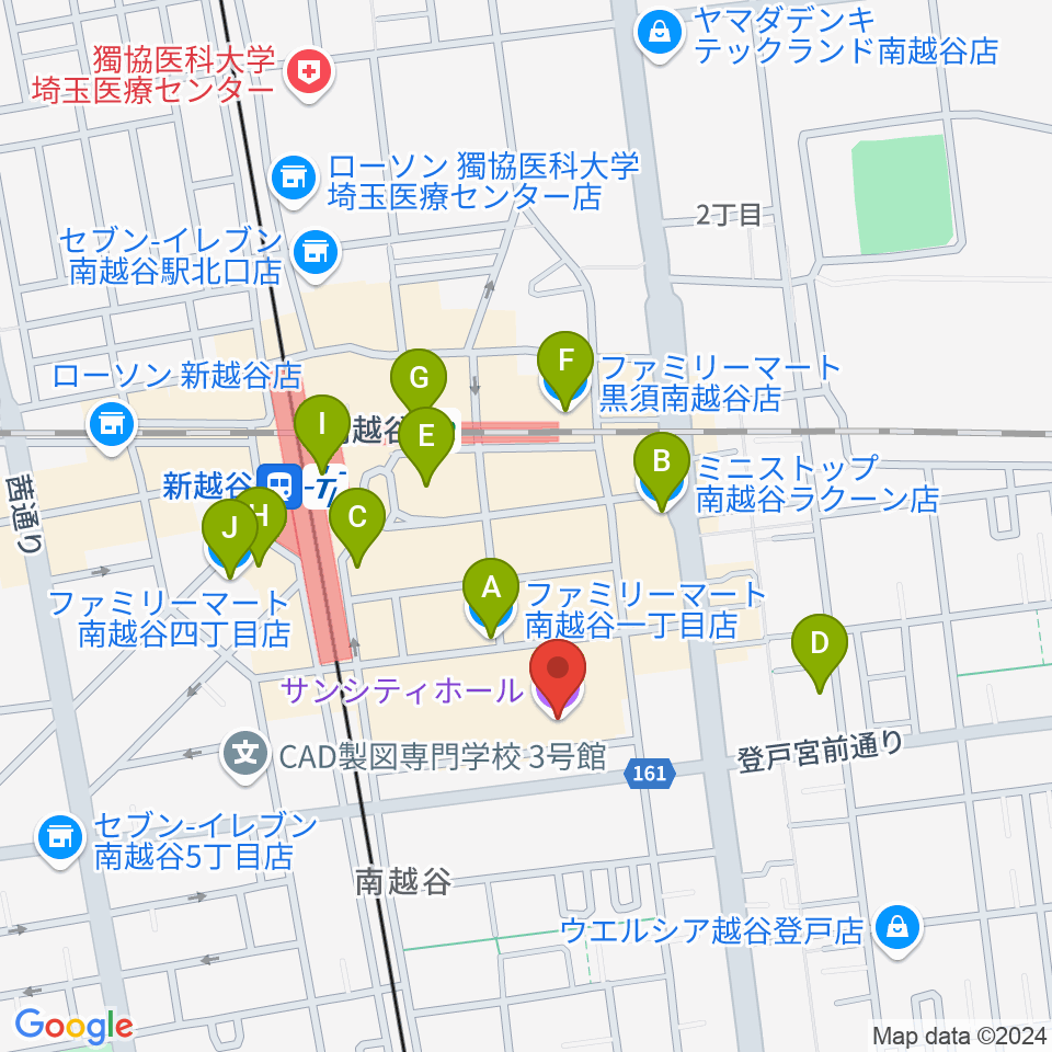 越谷サンシティホール周辺のコンビニエンスストア一覧地図