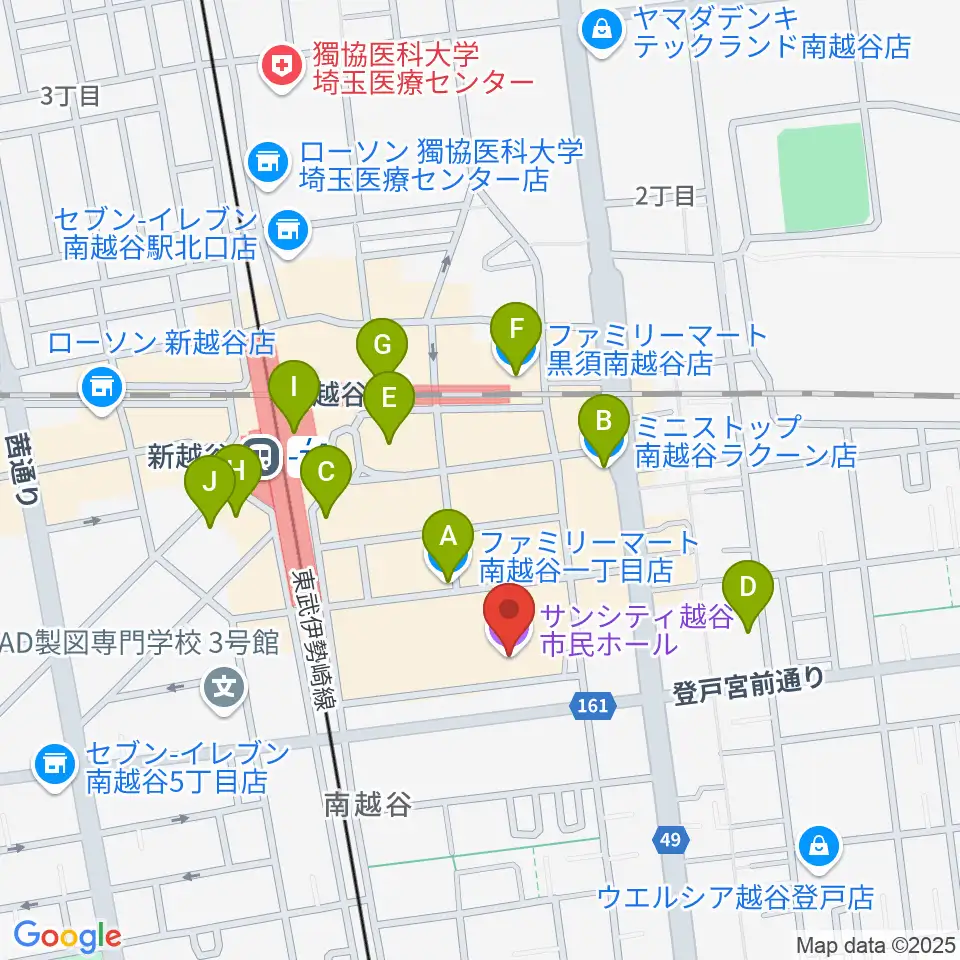 越谷サンシティホール周辺のコンビニエンスストア一覧地図