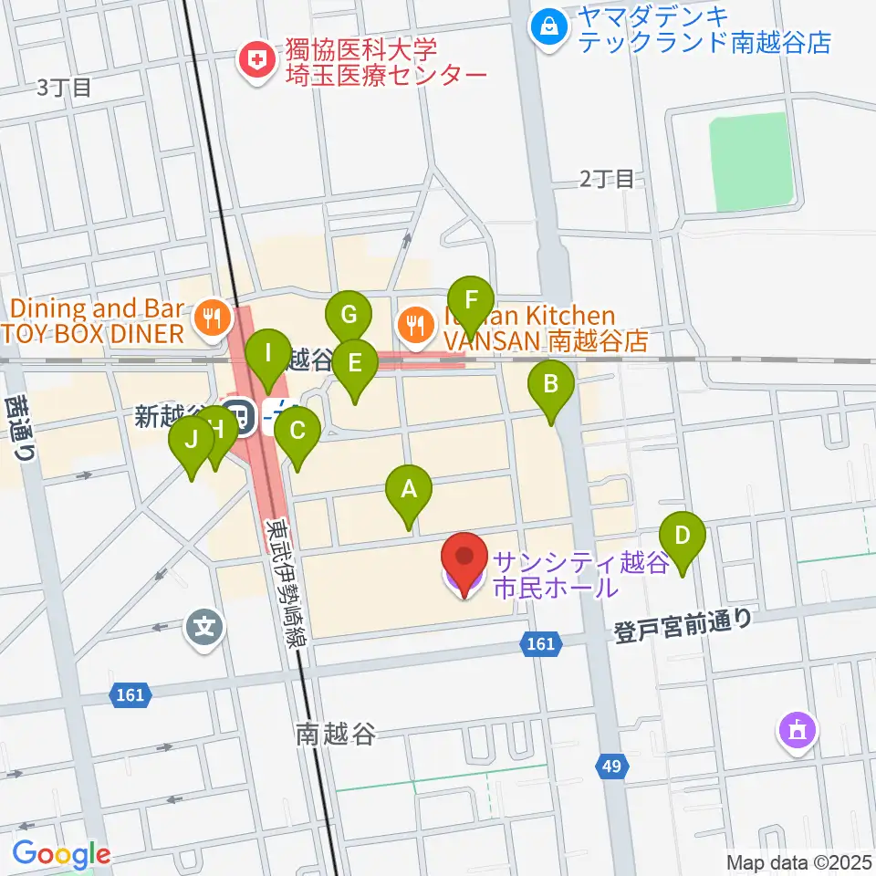 越谷サンシティホール周辺のコンビニエンスストア一覧地図