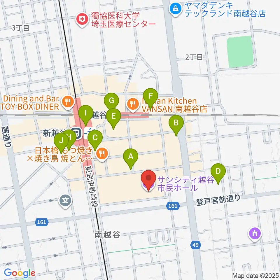 越谷サンシティホール周辺のコンビニエンスストア一覧地図