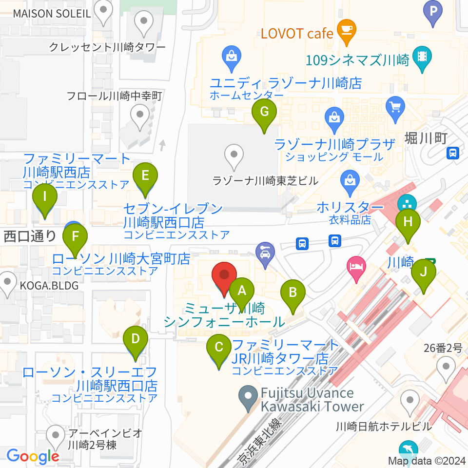 ミューザ川崎シンフォニーホール周辺のコンビニエンスストア一覧地図