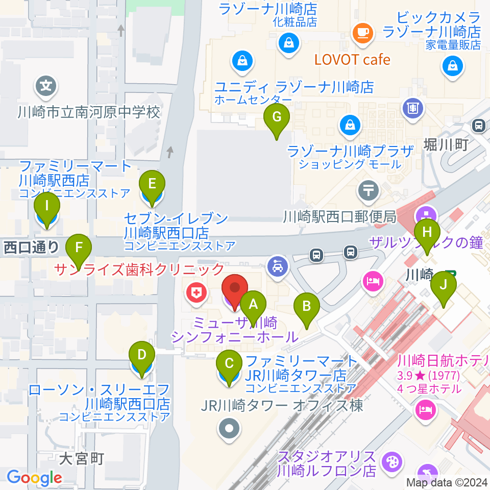 ミューザ川崎シンフォニーホール周辺のコンビニエンスストア一覧地図