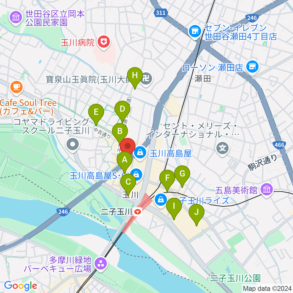 二子玉川アレーナホール周辺のコンビニエンスストア一覧地図