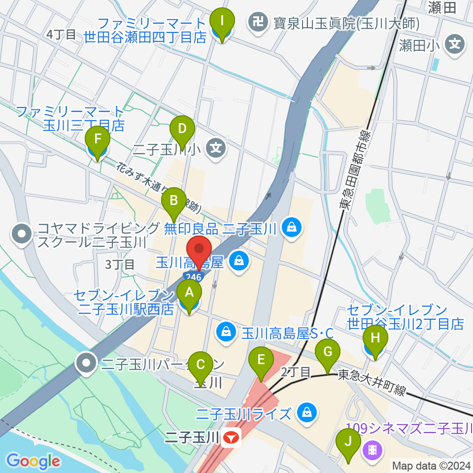 二子玉川アレーナホール周辺のコンビニエンスストア一覧地図