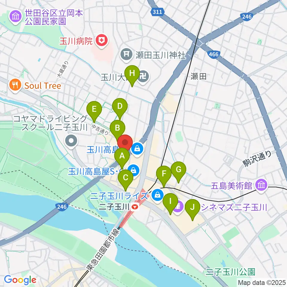 二子玉川アレーナホール周辺のコンビニエンスストア一覧地図