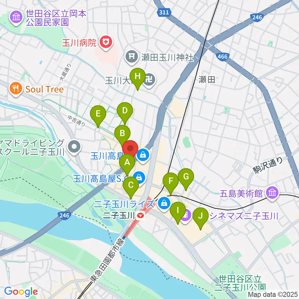 二子玉川アレーナホール周辺のコンビニエンスストア一覧地図