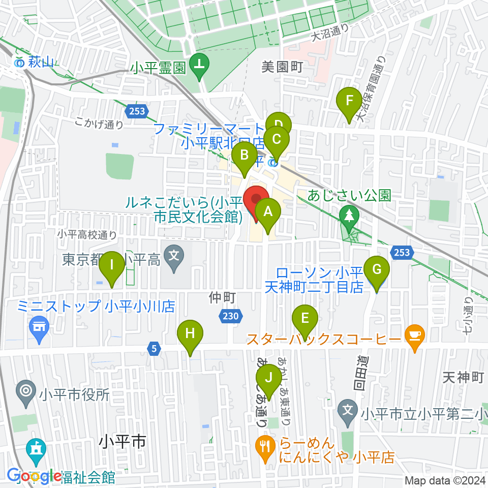 ルネこだいら周辺のコンビニエンスストア一覧地図