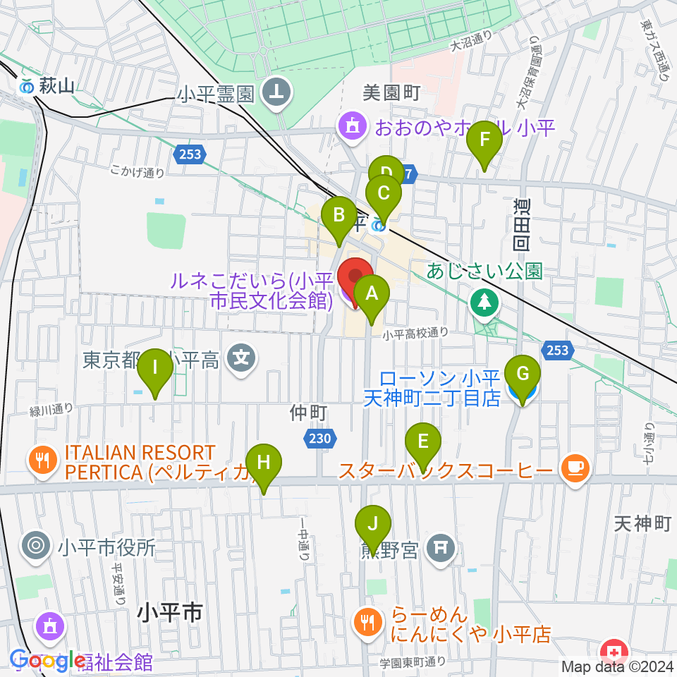 ルネこだいら周辺のコンビニエンスストア一覧地図