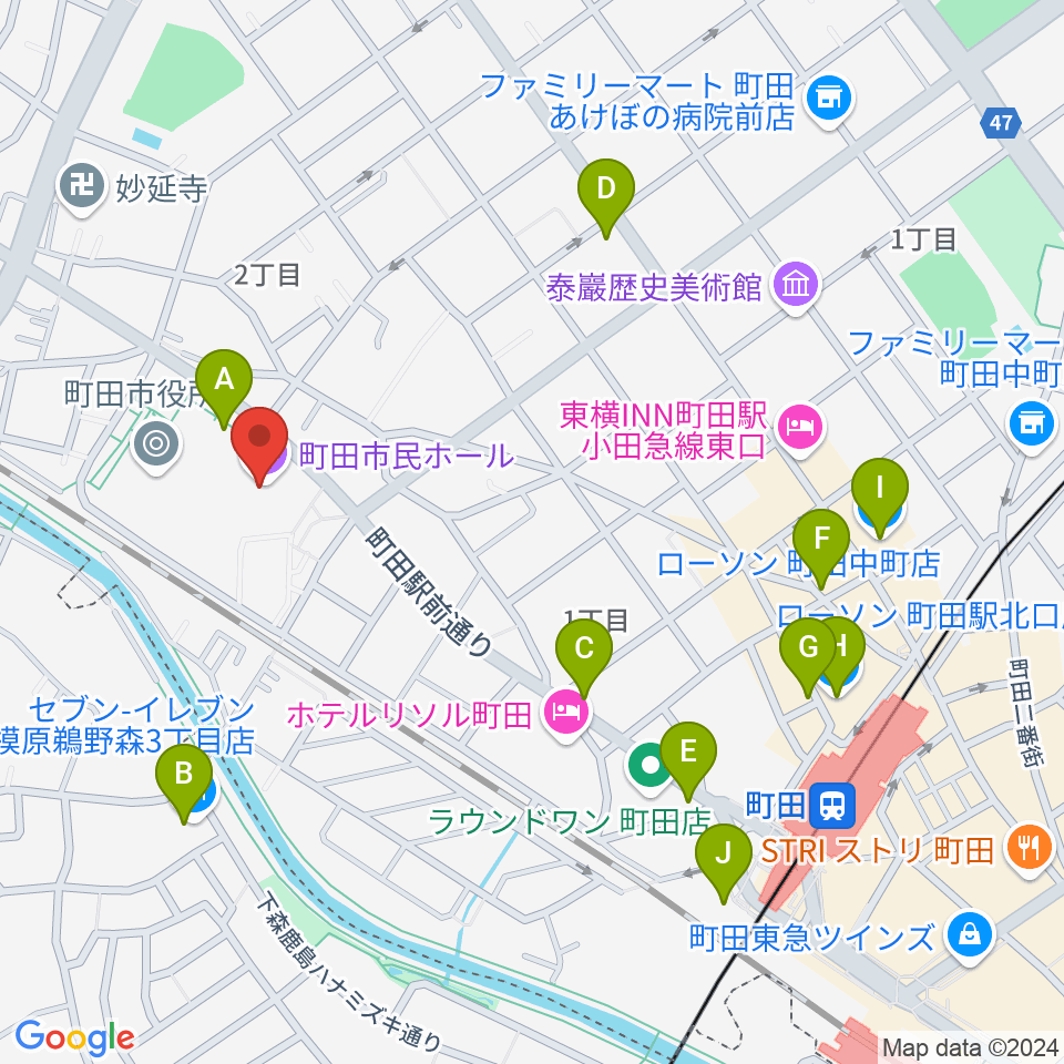 町田市民ホール周辺のコンビニエンスストア一覧地図