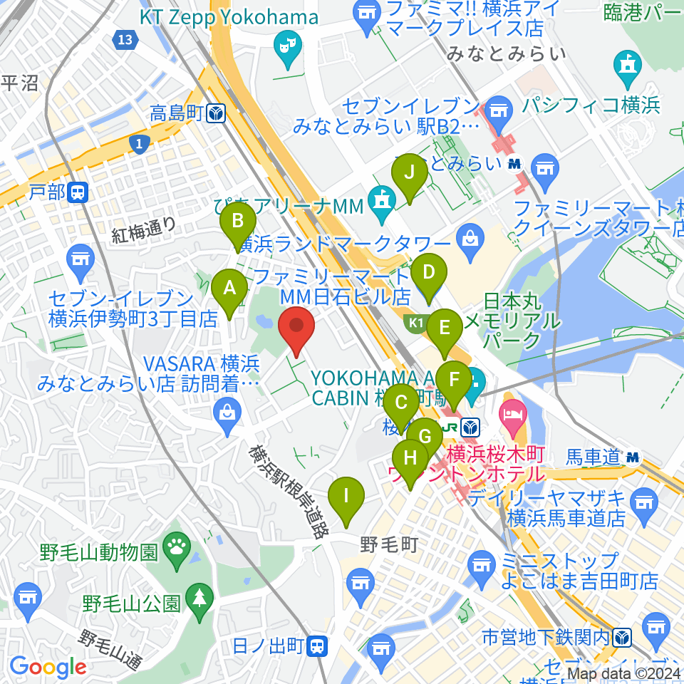 神奈川県立音楽堂周辺のコンビニエンスストア一覧地図