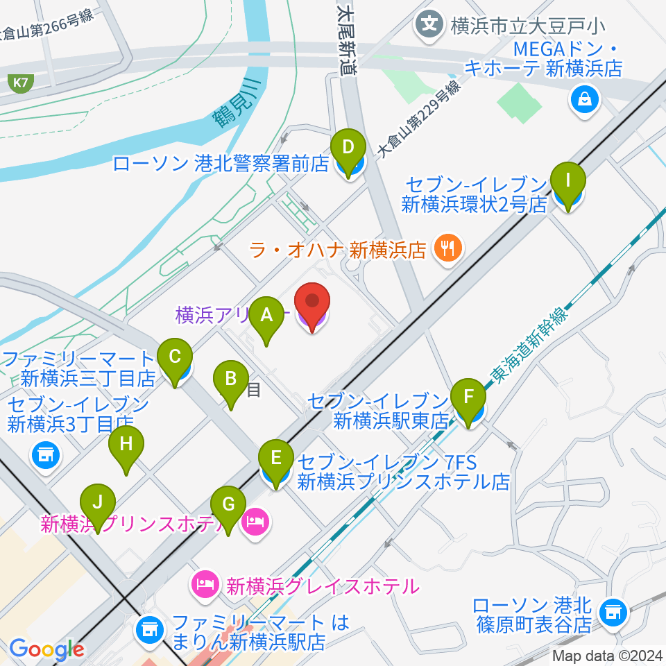 横浜アリーナ周辺のコンビニエンスストア一覧地図