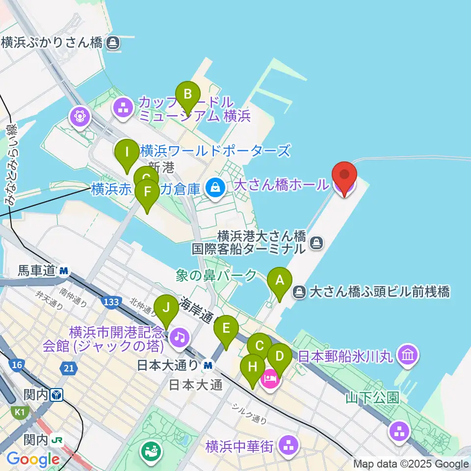 大さん橋ホール周辺のコンビニエンスストア一覧地図