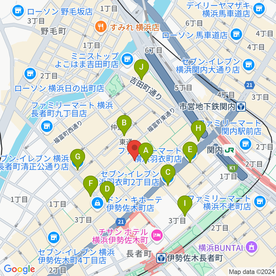 伊勢佐木町ジョンジョン周辺のコンビニエンスストア一覧地図