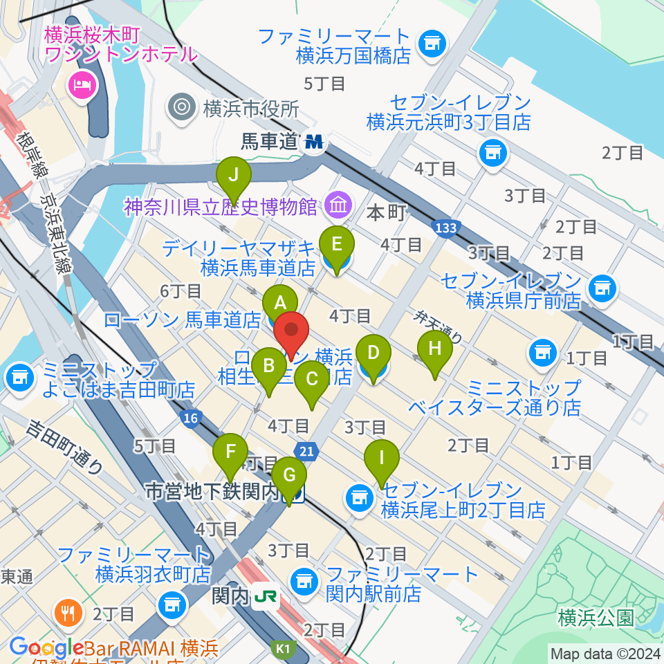 横浜関内ホール周辺のコンビニエンスストア一覧地図